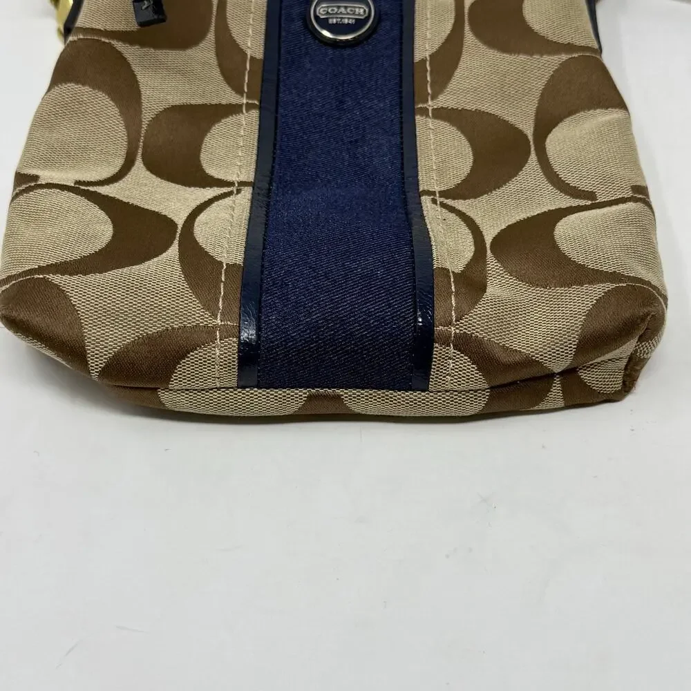 Coach Legacy Signature Stripe Swingpack Crossbody Bag Khaki Navy Canvas Purse
